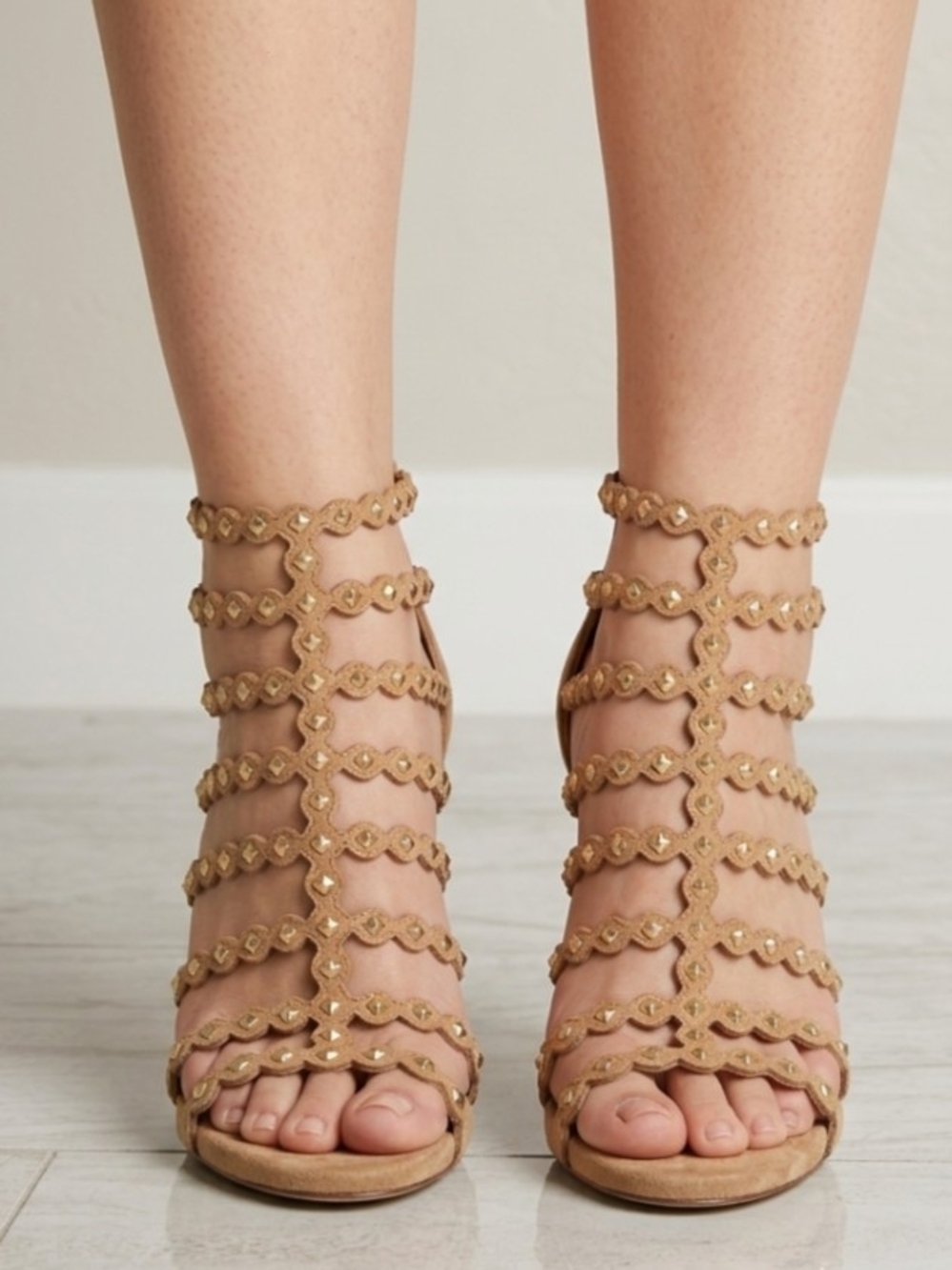 Carlos by Carlos Santana Suede Tan Gold Studded Gladiator Heels
